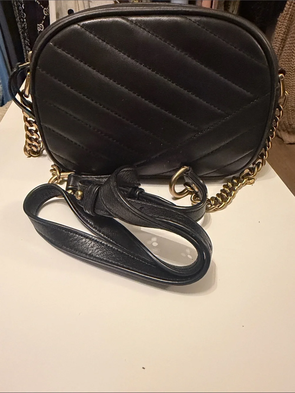 Tory Burch Kira Black Quilted Camera Bag with Gold Logo